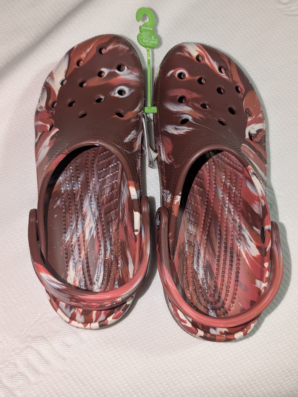 CROCS Women's 12 / Mens 10 Marbled Clog Sandals in Brown, White & Red NWT